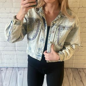 Major Damage vintage pupple and yellow embroidery distressed denim jean jacket